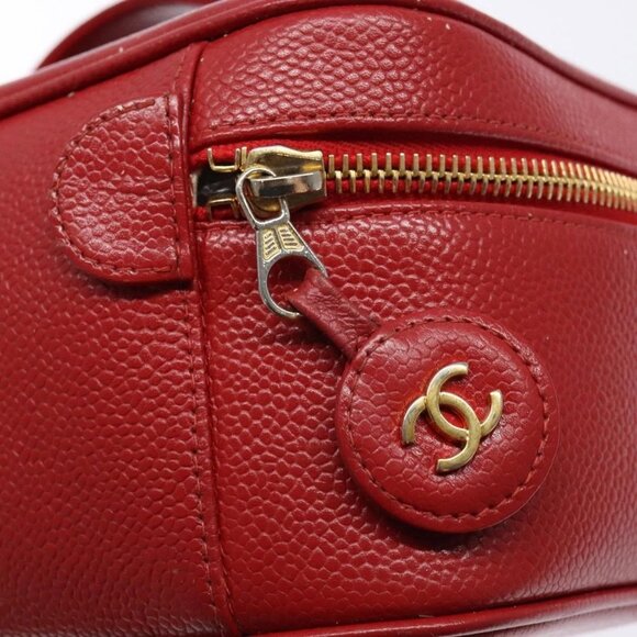 CHANEL Vanity COCO Mark Cosmetic Pouch Grained Calf Skin Red Gold CC Auth 141426 - Picture 11 of 16